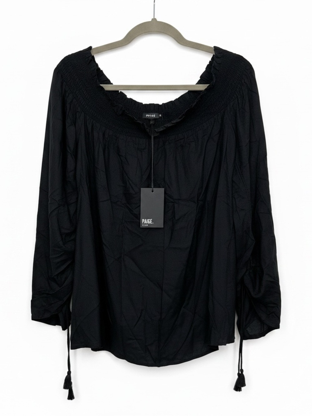 PAIGE XL Black Smocked Neck Boho Blouse with Cinched Tassel Ties Sleeves | NWT